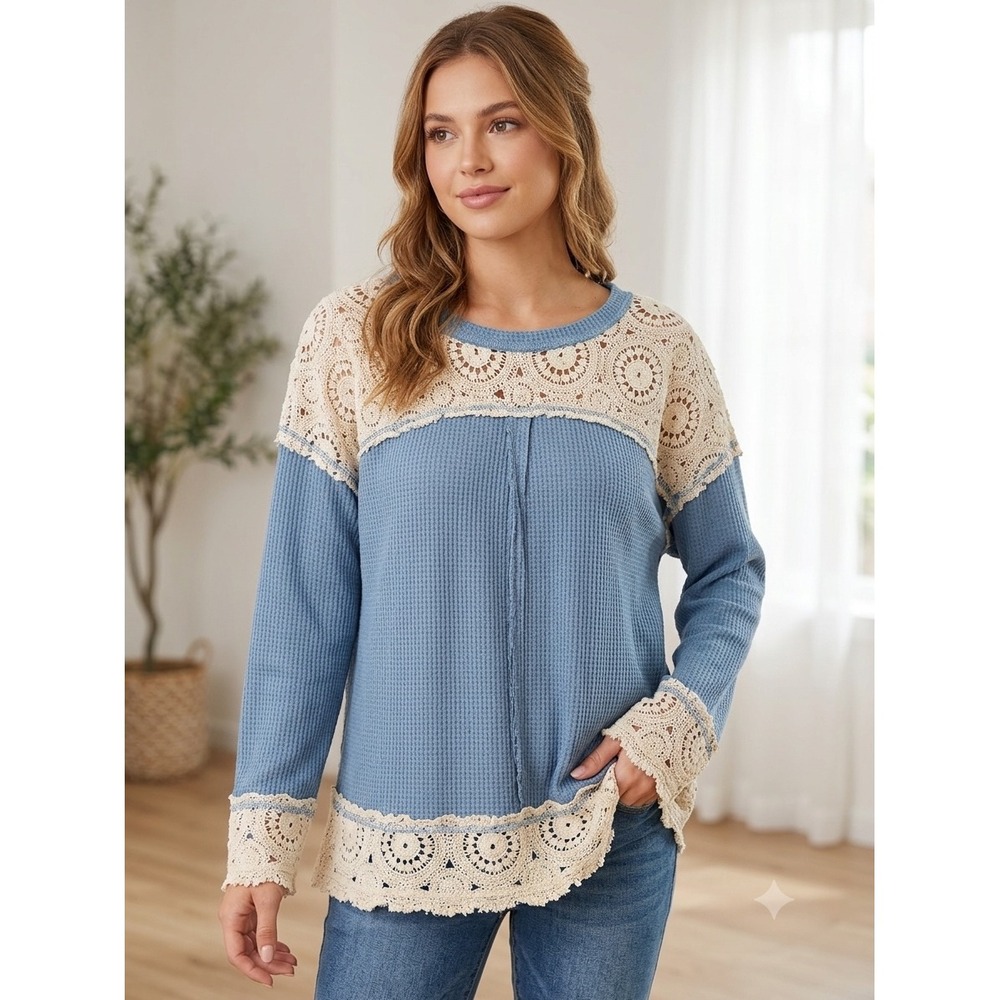 POL Blue Waffle Knit‎ Top with Cream Crochet Lace Trim Boho Long Sleeve Large